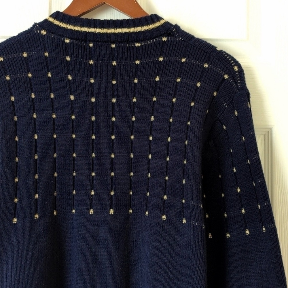 Barnaby 80's Vintage Funky Ribbed & Dotted Yoke Knit Crewneck Sweater Navy Large - Picture 7 of 7